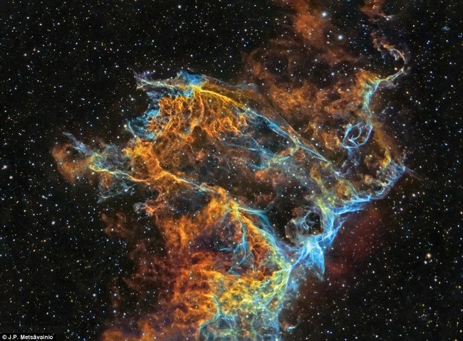 IC 1340 Network of the nebula. Veil Nebula - a supernova remnant in the constellation Cygnus, in the 1 470 light years away. Photographer - J.P. Metsävainio from Finland